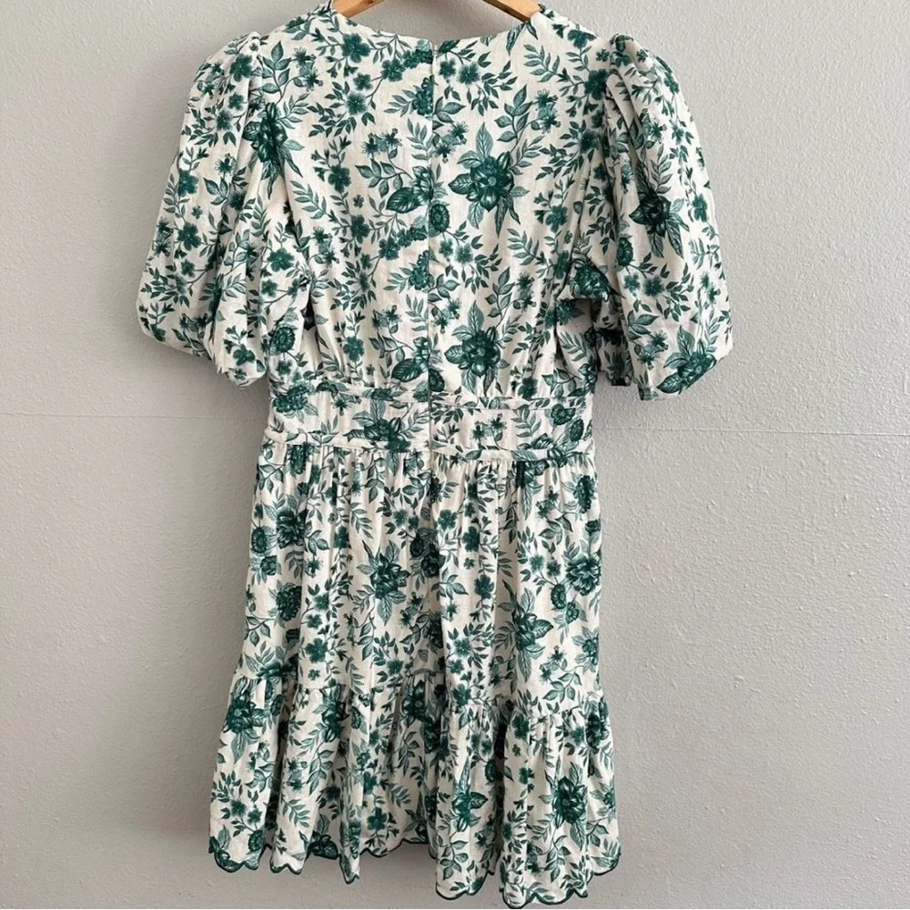 House of Harlow 1960 Green and White Floral Tie-Front Puff-Sleeve Mini Dress - Picture 2 of 2
